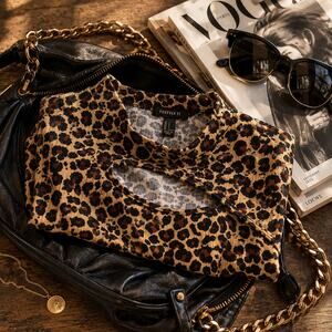 Forever 21 Leopard Print Cutout Mock Neck Ribbed Top Size Medium